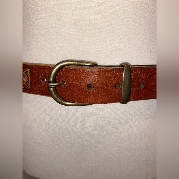 Women’s PIERO brown with hand painted carved Ethnic patterns leather belt Sz 32 - Picture 7 of 15